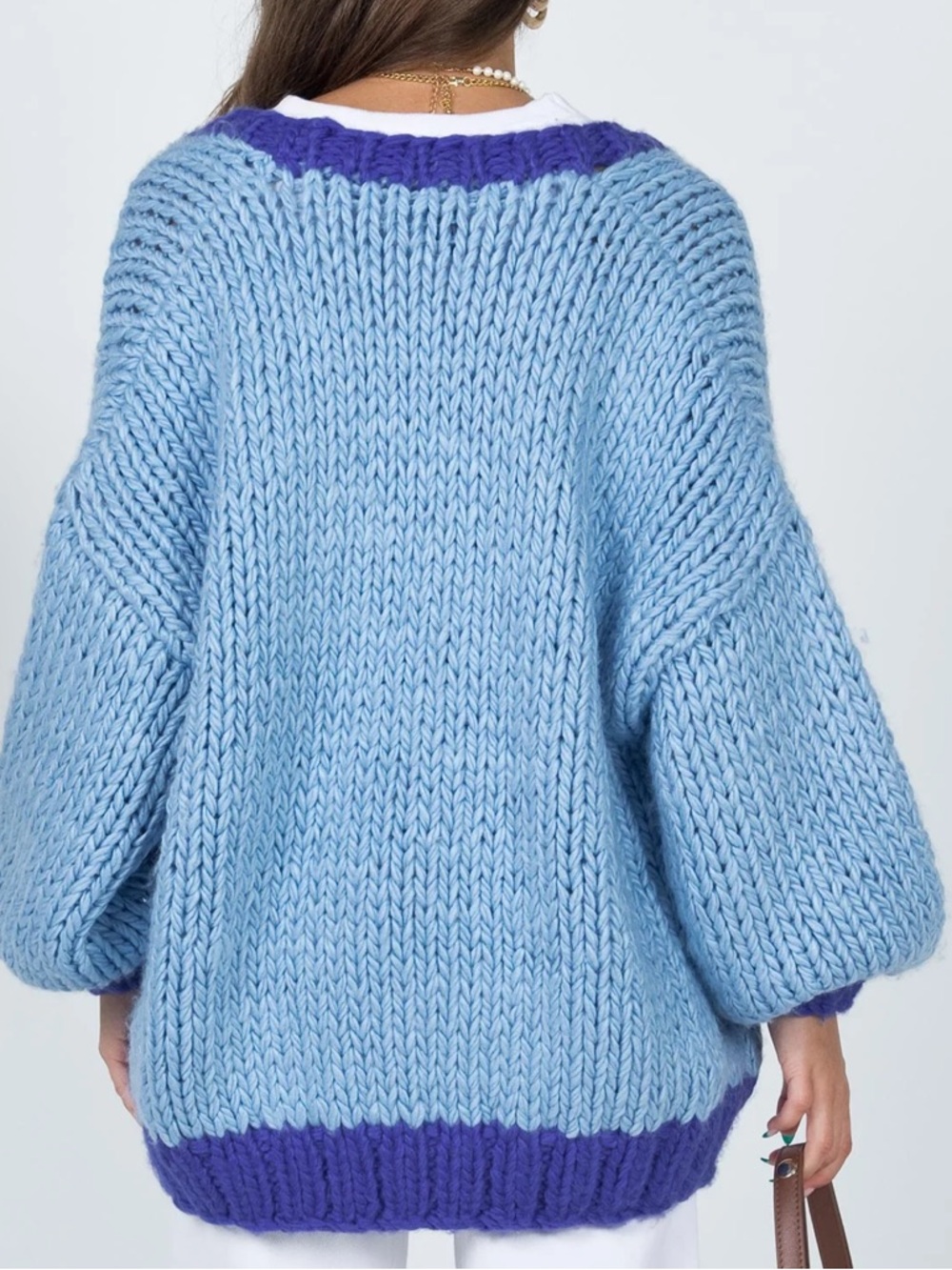 Chic Nation Light Blue Cardigan with Purple Trim - Picture 3 of 4